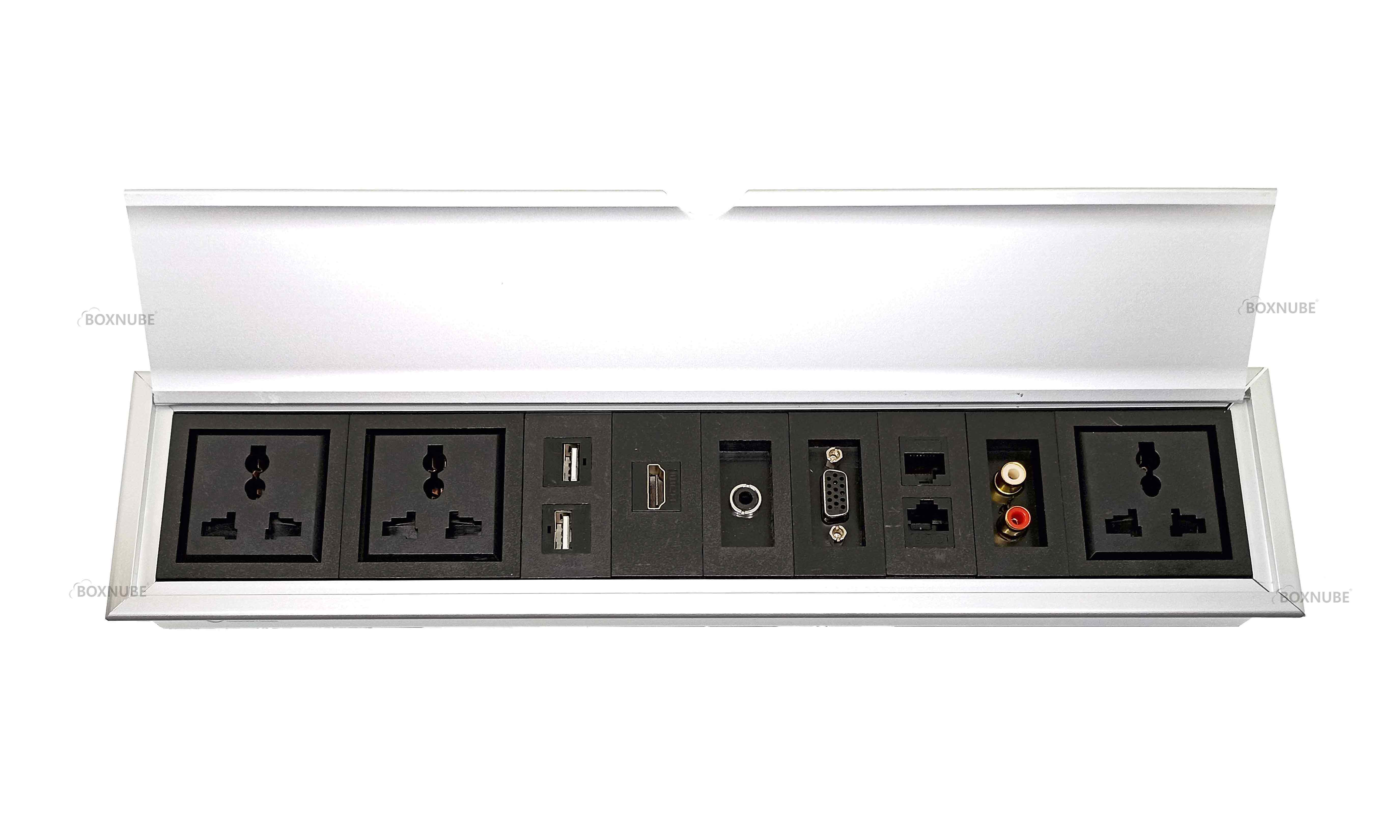 BOXNUBE Fliptop Box Cable Cubby Extension Board with Universal Power Sockets, LAN , HDMI , VGA , Aux , USB & 2RCA Ports (Silver) BOXNUBE Fliptop Box Cable Cubby Extension Board with Universal Power Sockets, LAN , HDMI , VGA , Aux , USB & 2RCA Ports (Silver)